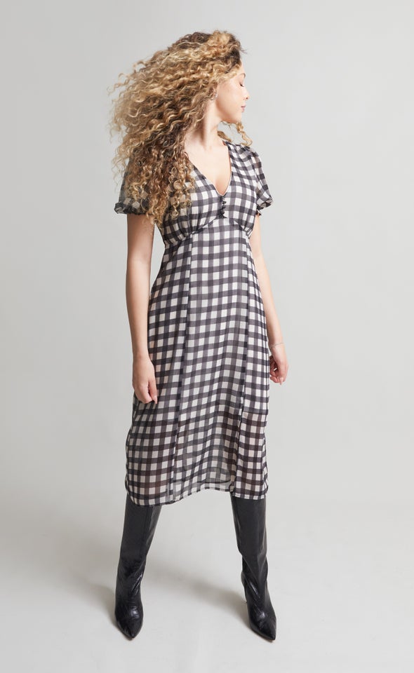 Chiffon Button Front Midi Dress Ivory/black
