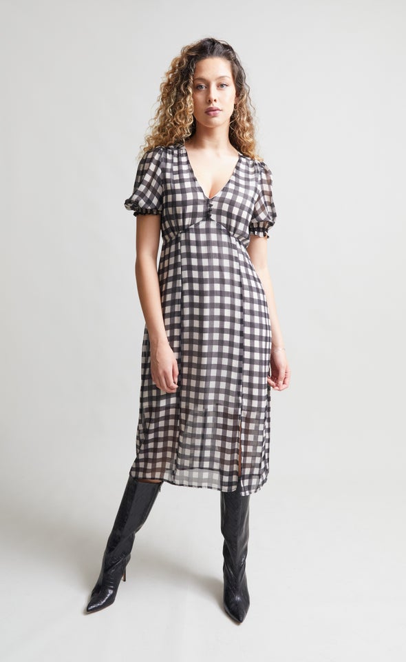Chiffon Button Front Midi Dress Ivory/black