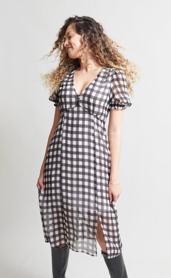 Chiffon Button Front Midi Dress Ivory/black