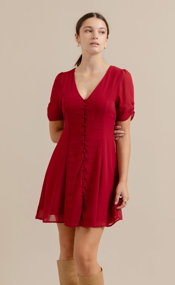 Chiffon Button Front Skater Dress Red Wine
