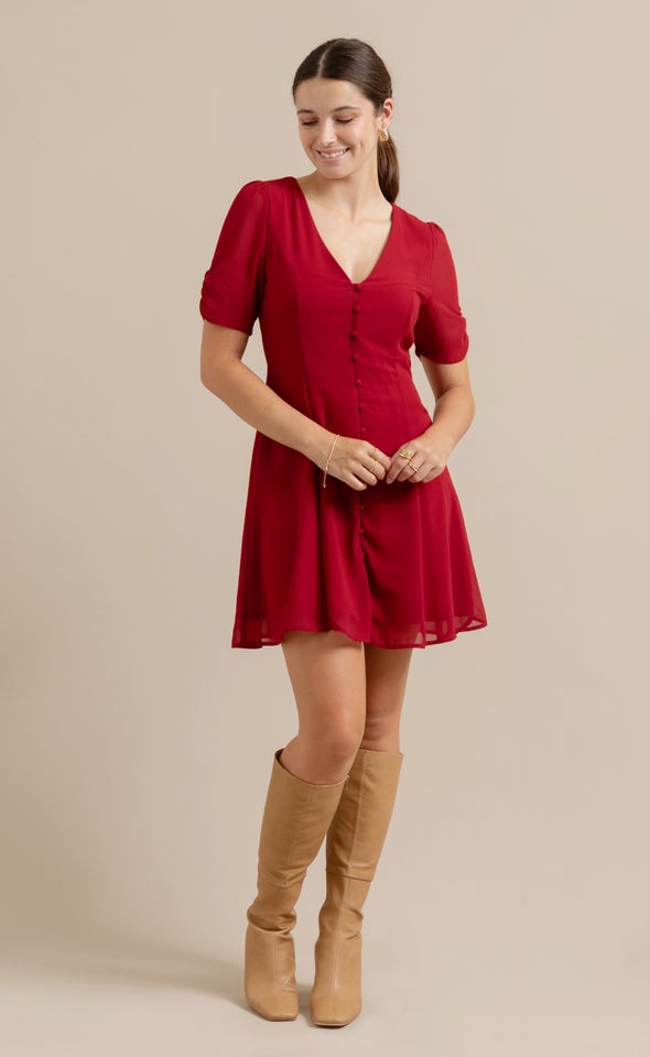 Chiffon Button Front Skater Dress Red Wine