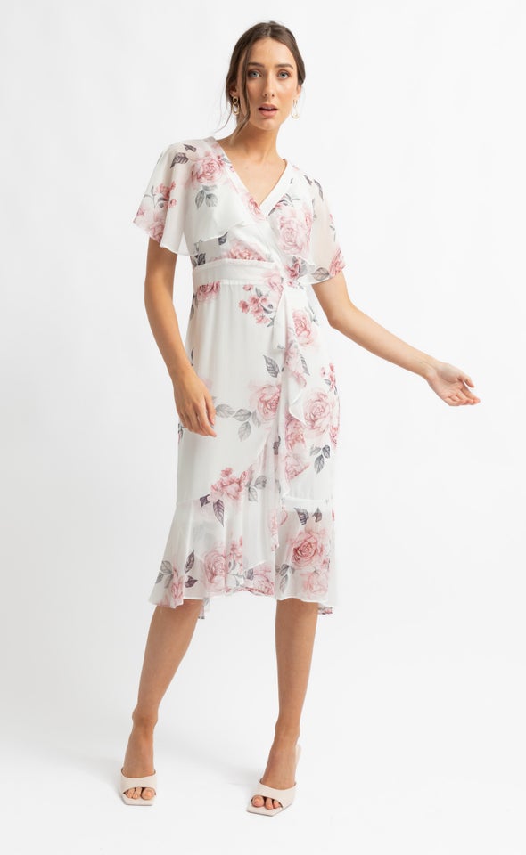 Chiffon Cape Detail Pencil Dress Cream/floral