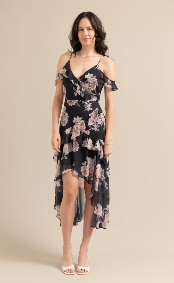 Chiffon Cold Shoulder Wrap Maxi Black/blush