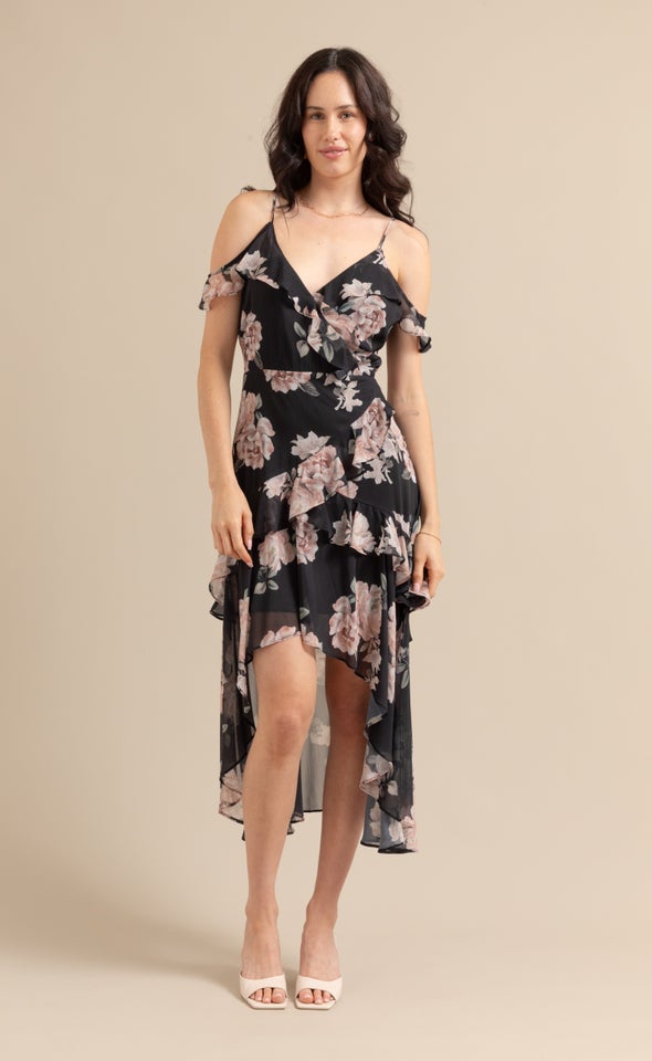 Chiffon Cold Shoulder Wrap Maxi Black/blush