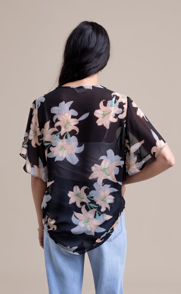 Chiffon Cross Front Flutter Top Black/floral