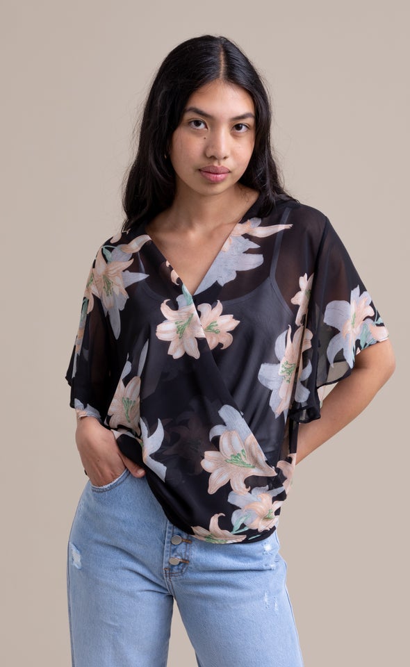 Chiffon Cross Front Flutter Top Black/floral