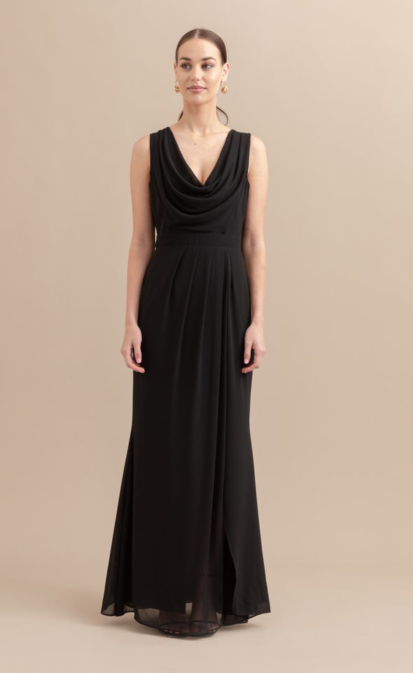 Chiffon Drape Cowl Detail Gown Black