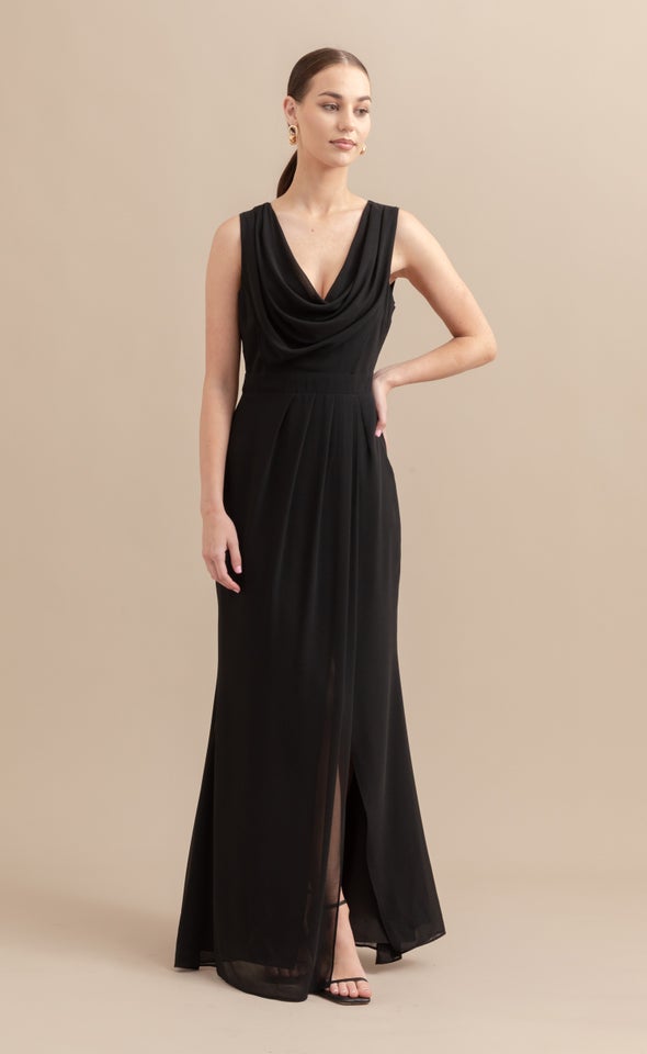 Chiffon Drape Cowl Detail Gown Black