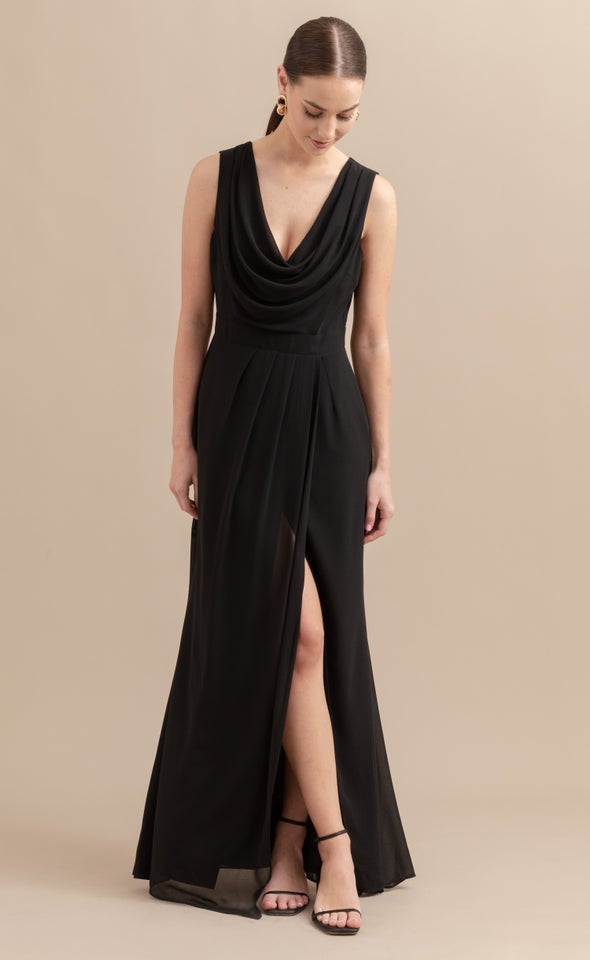 Chiffon Drape Cowl Detail Gown Black