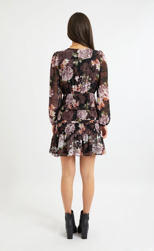 Chiffon Fitted Shirring Detail Dress Black/floral