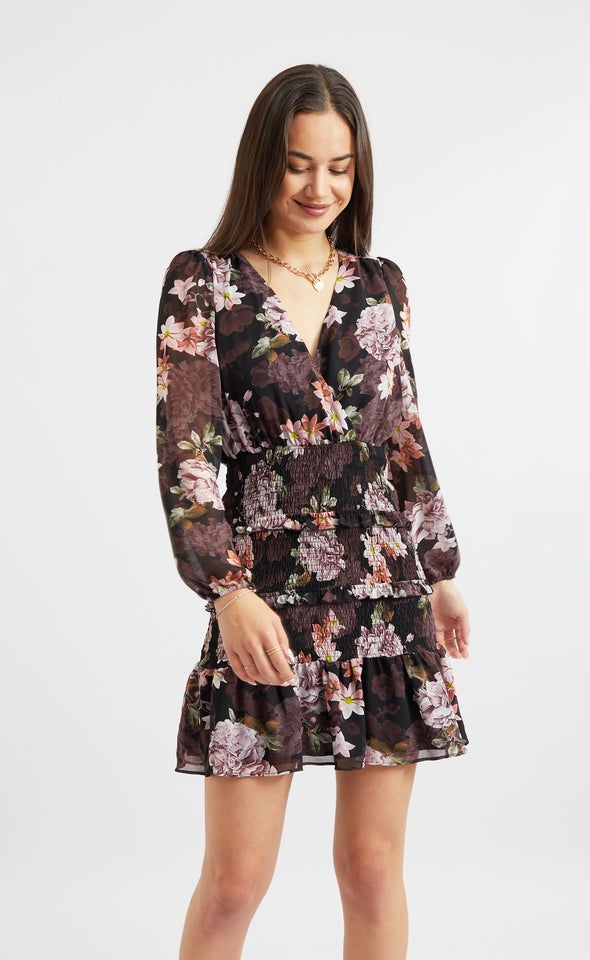 Chiffon Fitted Shirring Detail Dress Black/floral