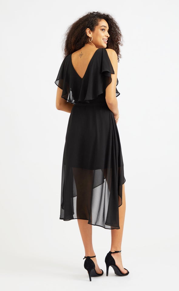 Chiffon Floaty Cape Detail Dress Black