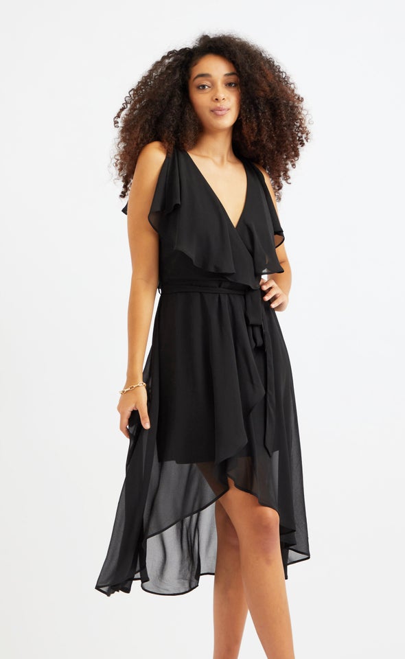 Chiffon Floaty Cape Detail Dress Black