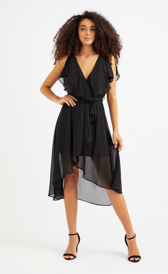 Chiffon Floaty Cape Detail Dress Black