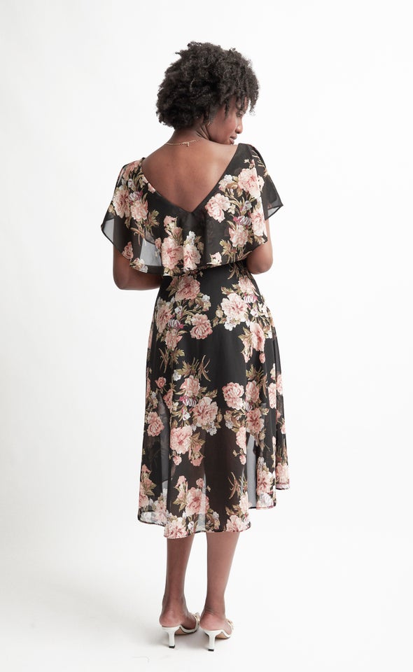 Chiffon Floaty Cape Detail Dress Black/floral