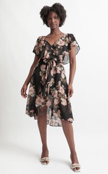 Shop our Chiffon Floaty Cape Detail Dress in Black/floral