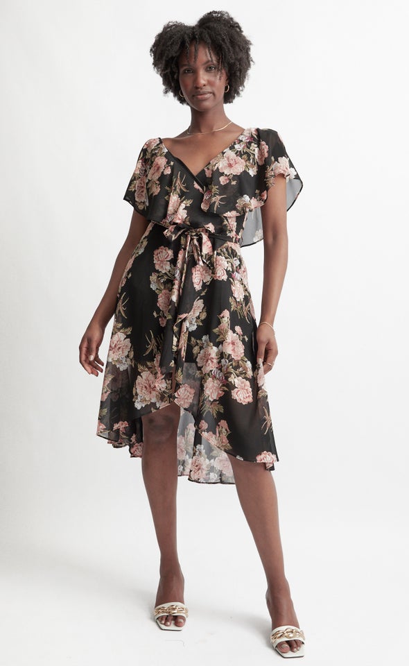 Chiffon Floaty Cape Detail Dress Black/floral