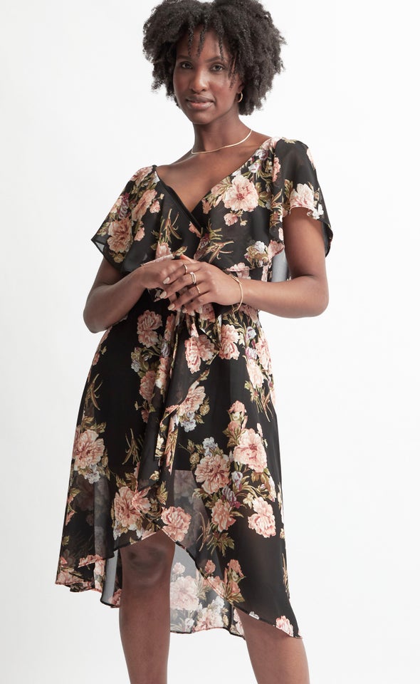 Chiffon Floaty Cape Detail Dress Black/floral