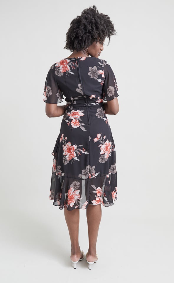 Chiffon Floaty Ruffle Wrap Dress Black/floral
