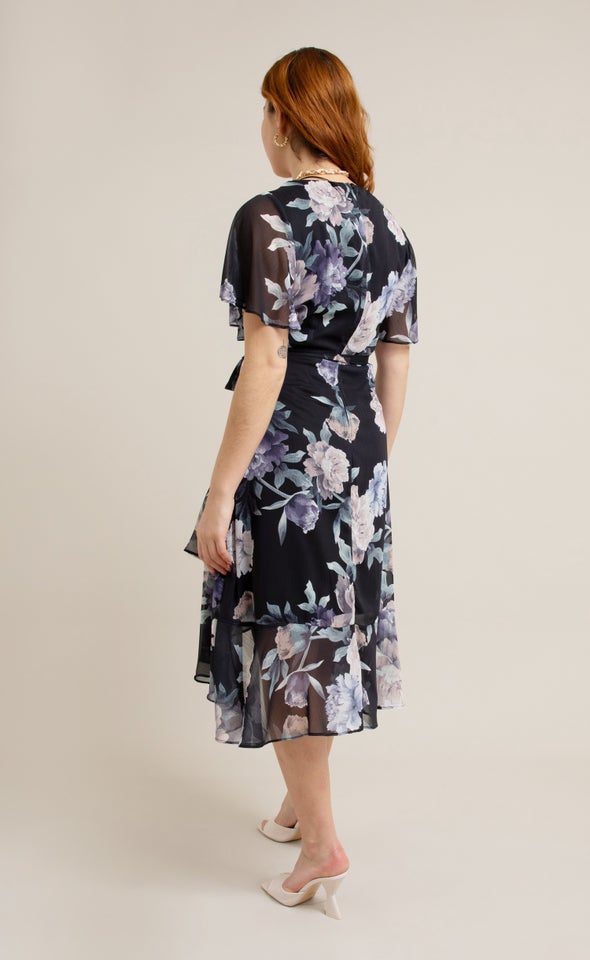 Chiffon Floaty Ruffle Wrap Dress Black/floral