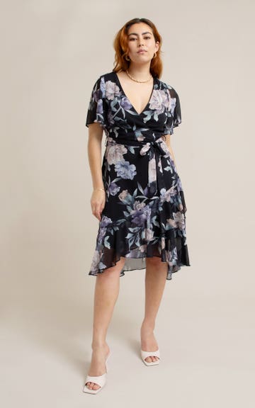 wrap dress black floral Shop our Chiffon Floaty Ruffle in Black/floral satin evening dress Posh Spice Victoria Beckham Size:12M the fabric offers a