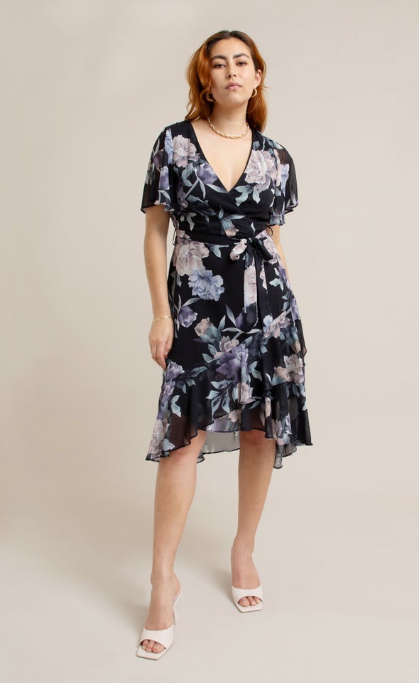 Chiffon Floaty Ruffle Wrap Dress Black/floral