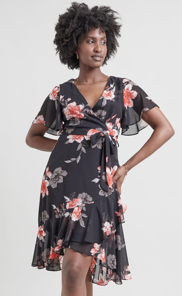 Chiffon Floaty Ruffle Wrap Dress Black/floral