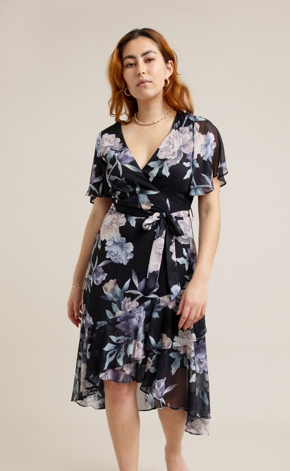 Chiffon Floaty Ruffle Wrap Dress Black/floral