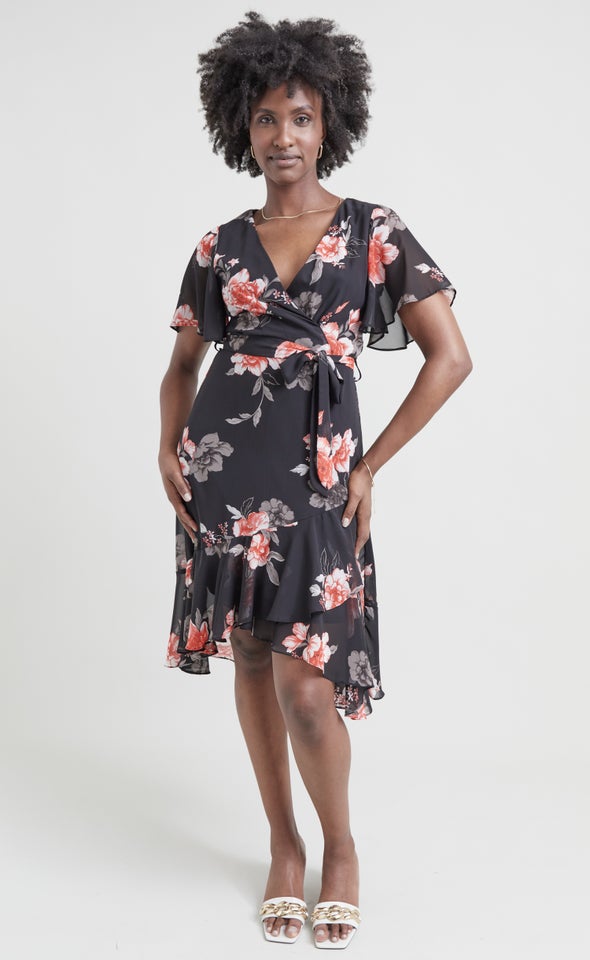 Chiffon Floaty Ruffle Wrap Dress Black/floral