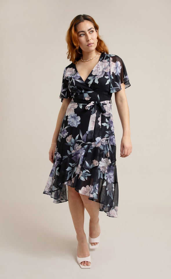 Chiffon Floaty Ruffle Wrap Dress Black/floral