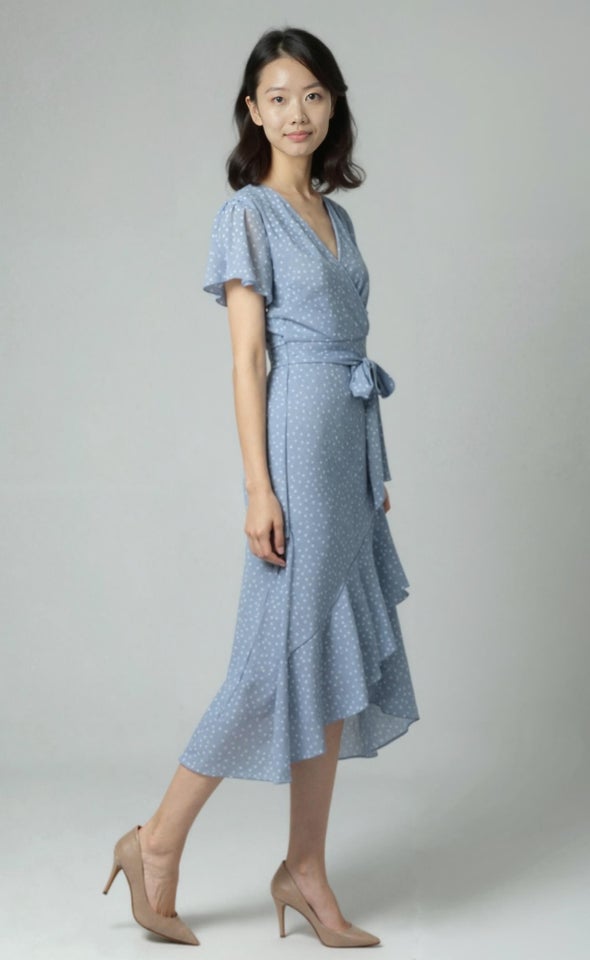 Chiffon Floaty Ruffle Wrap Dress Blue/polka Dot