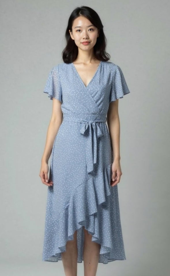 Chiffon Floaty Ruffle Wrap Dress Blue/polka Dot