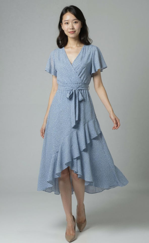Chiffon Floaty Ruffle Wrap Dress Blue/polka Dot