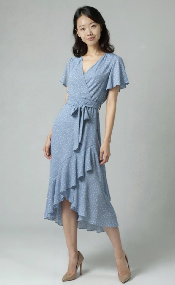 Chiffon Floaty Ruffle Wrap Dress Blue/polka Dot