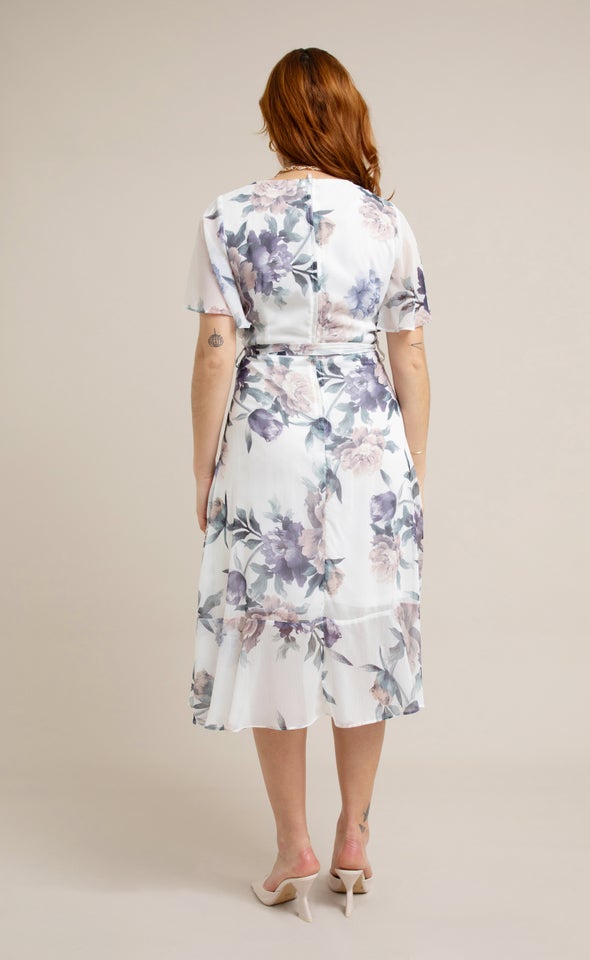 Chiffon Floaty Ruffle Wrap Dress Cream/floral