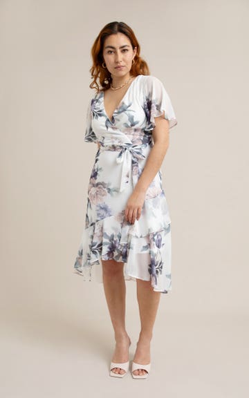 white christmas dresses Cream Floral Chiffon Wrap Front Short Sleeve Maternity Maxi Dress –  PinkBlush main image 1