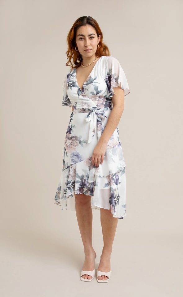 Chiffon Floaty Ruffle Wrap Dress Cream/floral
