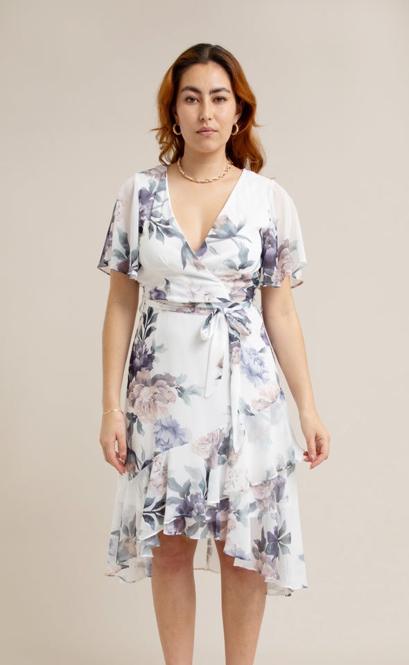Chiffon Floaty Ruffle Wrap Dress Cream/floral