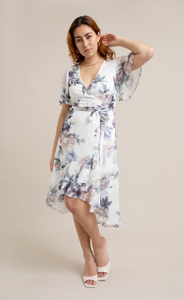 Chiffon Floaty Ruffle Wrap Dress Cream/floral