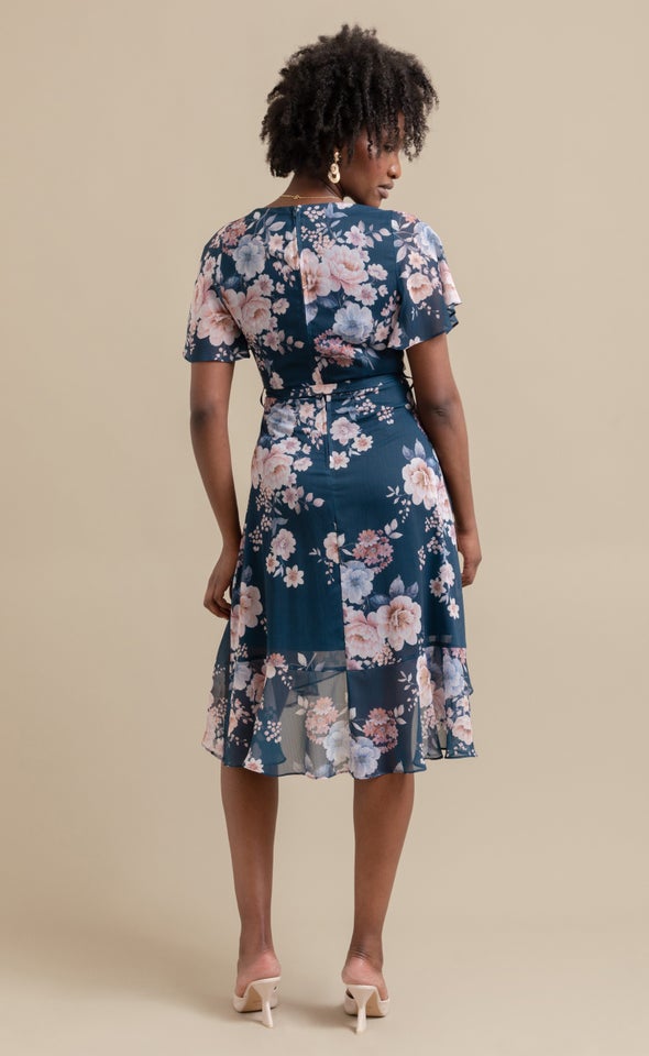 Chiffon Floaty Ruffle Wrap Dress Dark Teal/floral