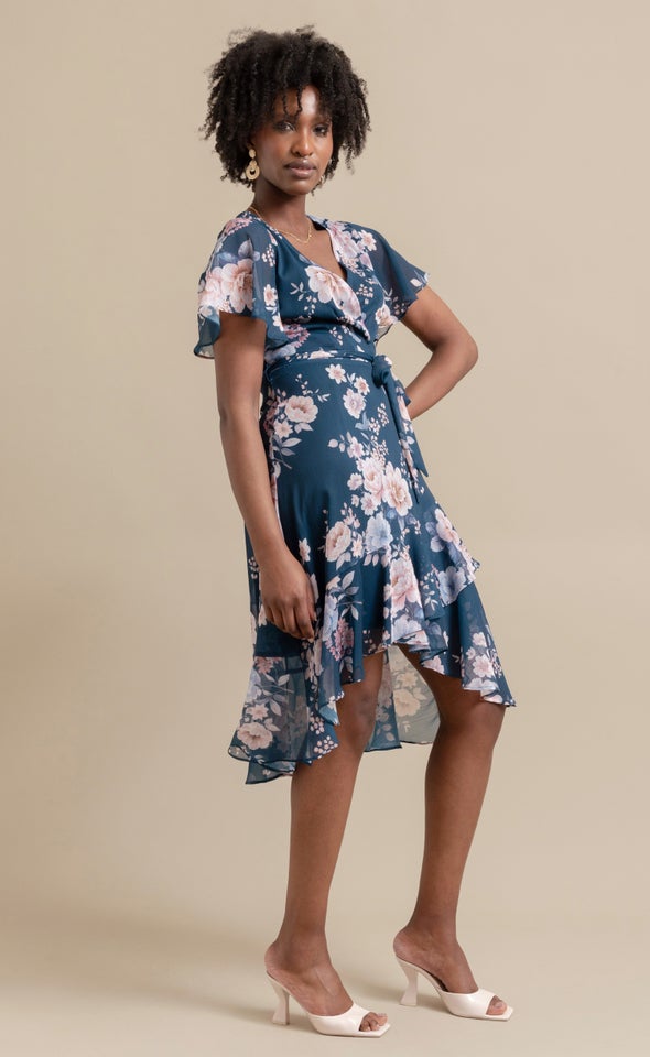 Chiffon Floaty Ruffle Wrap Dress Dark Teal/floral