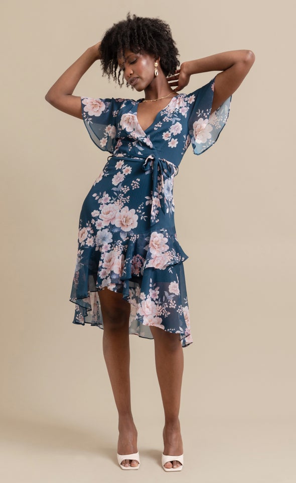 Chiffon Floaty Ruffle Wrap Dress Dark Teal/floral