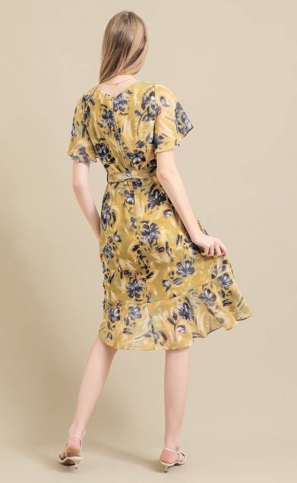 Chiffon Floaty Ruffle Wrap Dress Golden/floral