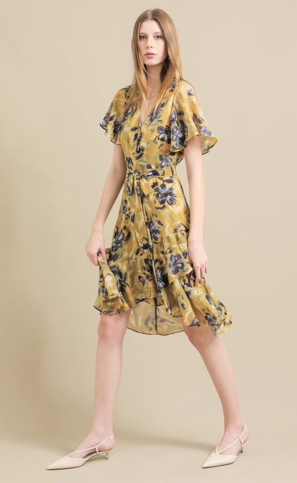 Chiffon Floaty Ruffle Wrap Dress Golden/floral