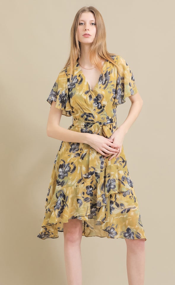 Chiffon Floaty Ruffle Wrap Dress Golden/floral
