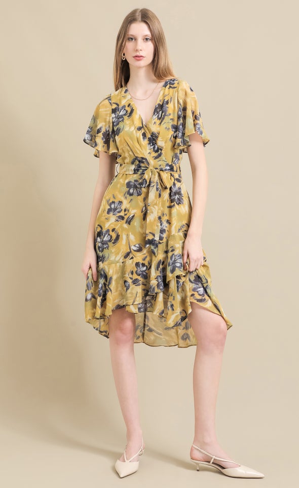 Chiffon Floaty Ruffle Wrap Dress Golden/floral