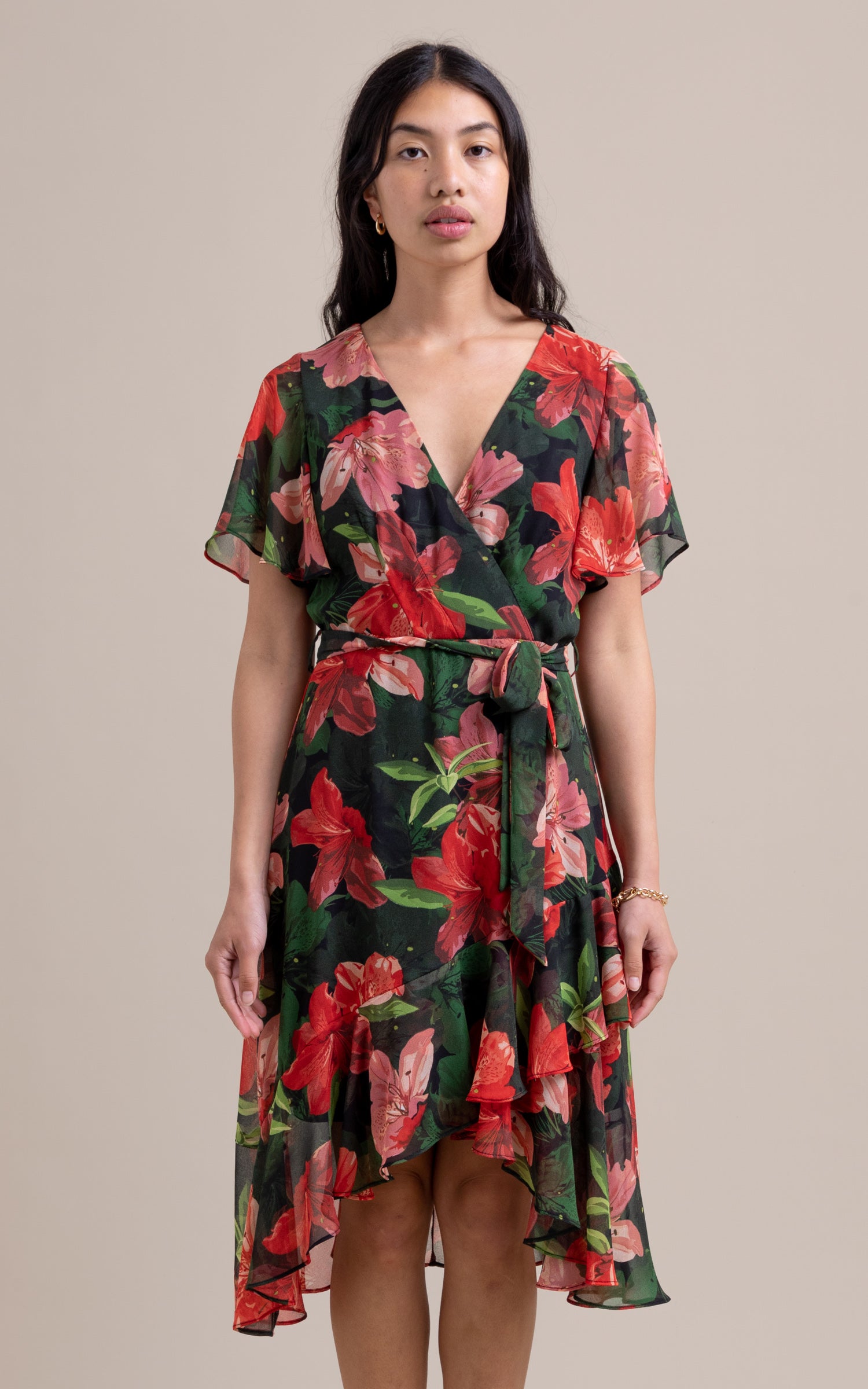 green ruffle wrap dress