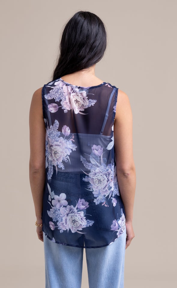 Chiffon Floral Cross Front Top Navy/floral