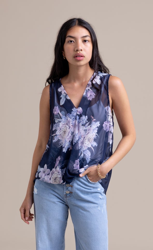 Chiffon Floral Cross Front Top Navy/floral