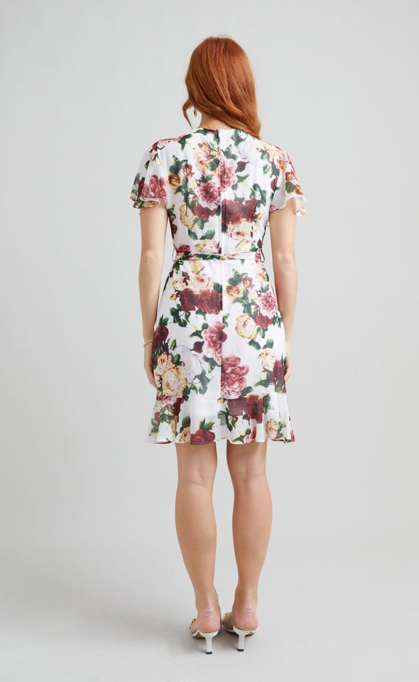 Chiffon Floral Flutter Wrap Dress Cream/floral